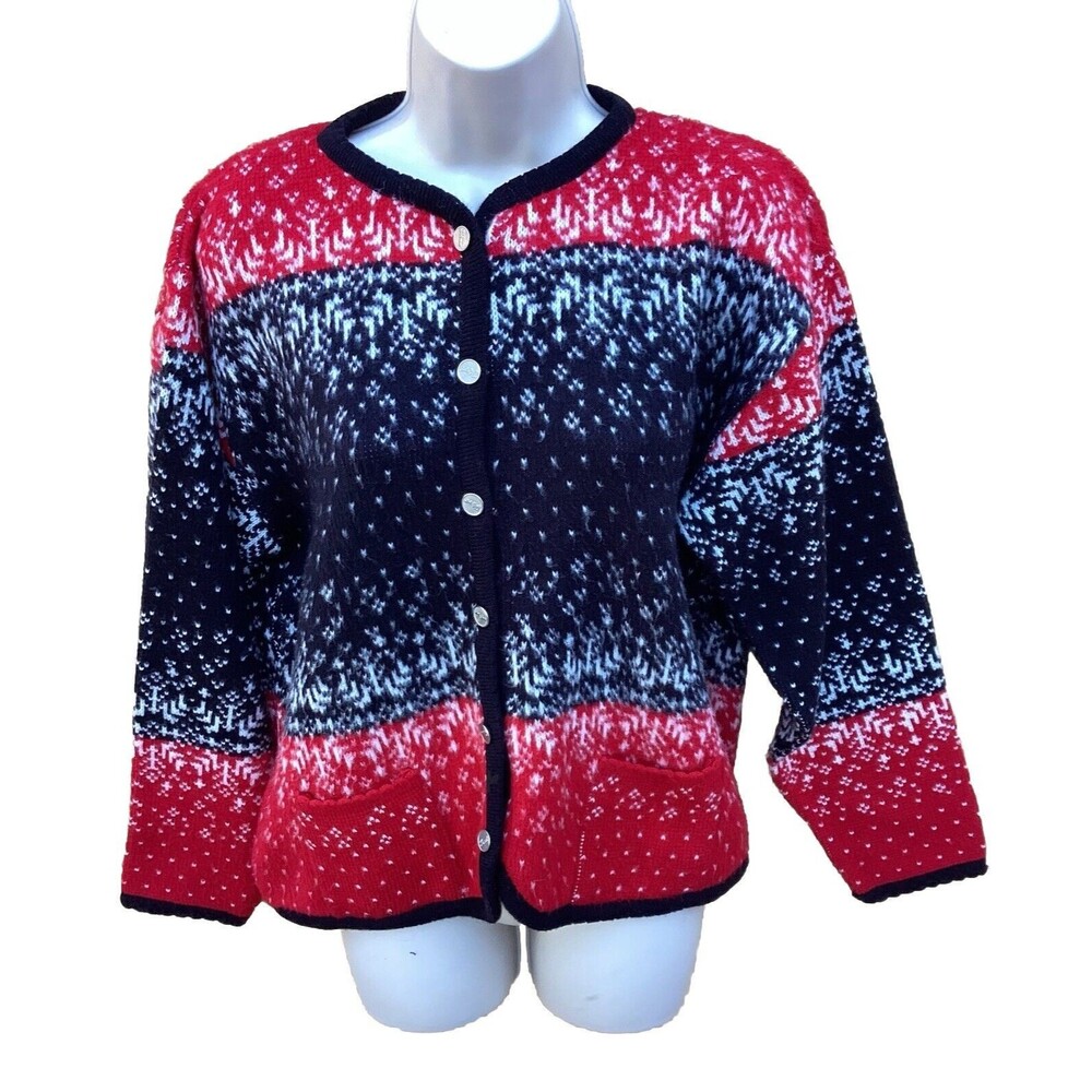 Tally Ho Vintage Nordic Holiday Christmas Cardigan Sweater Metal Buttons Medium